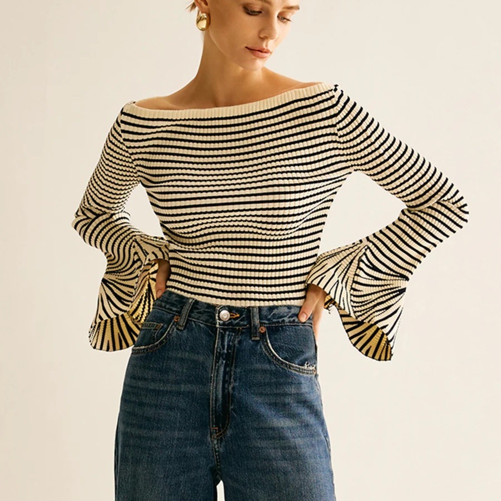 Commense Striped Ruffle-Sleeve Knit Top